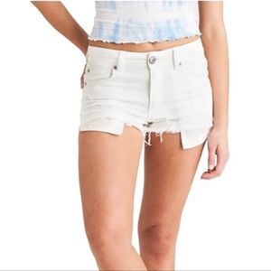 American Eagle White Distressed Super Super Stretch Shortie Jean Shorts
